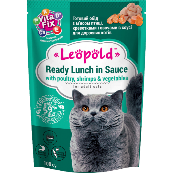 Леопольд для котів Готовий обід в соусі  з м'ясом птиці , креветками і овочами 100гр.